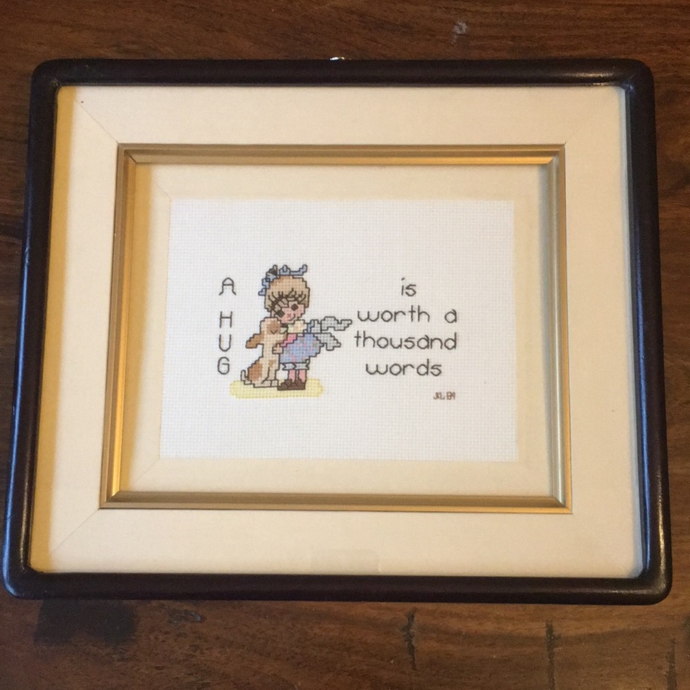 Framed Completed Girl + Dog Cross Stitch Art Quote Hug is worth thousand words